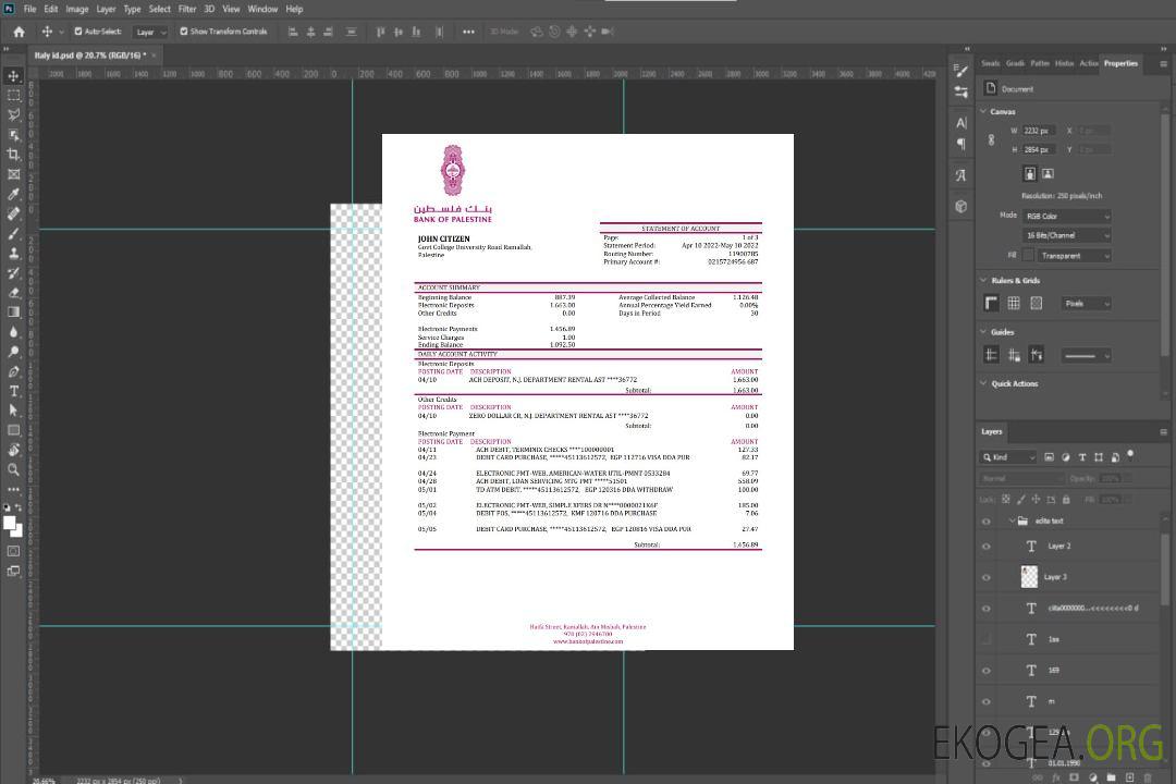 Relevé bancaire de la Banque palestinienne de Palestine template Relevé bancaire de la Banque palestinienne de Palestine template